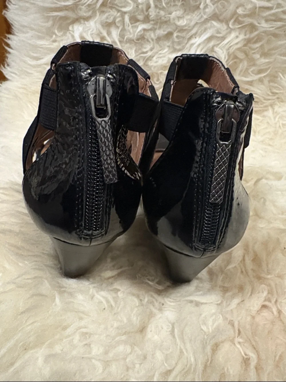 Donald J Pliner Black 3” patent leather zippered heel snakeskin accent 8